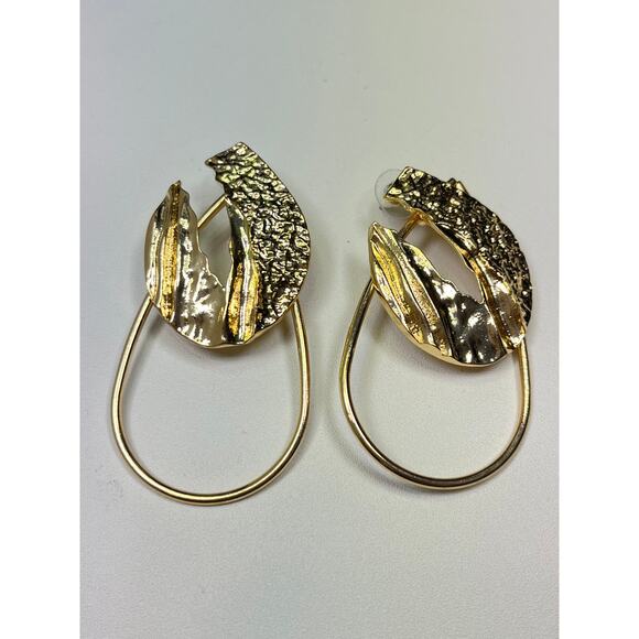 Modernist Gold Teardrop Drop Earrings Organic Open Hoop Dangle Boho Chic - Picture 5 of 5